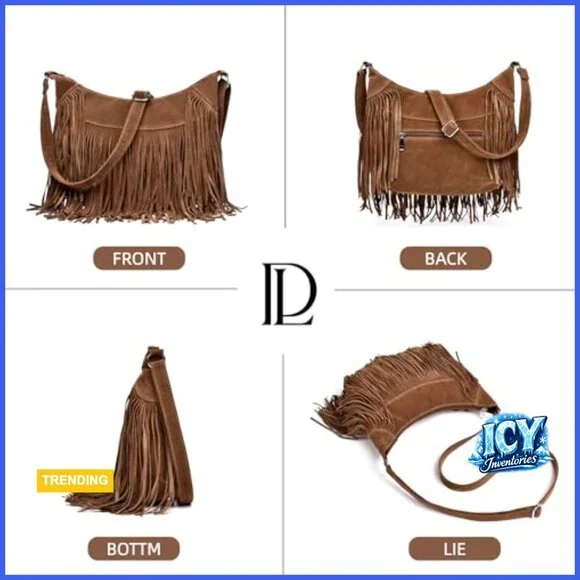 Vegan Suede Hobo Bag with Fringe Tassel Crossbody Shoulder Purse - Picture 6 of 7